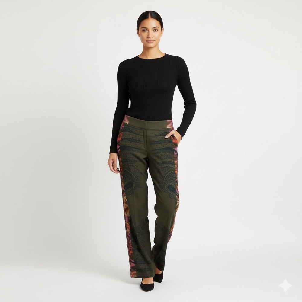 ETRO Dress Pants, Trousers, Wide Straight Leg,‎ Pattern, Paisley, Brown, Medium